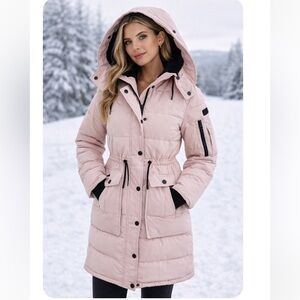 BCBGMaxAzria Pink Hooded Puffer Black Details Winter Coat Jacket XS